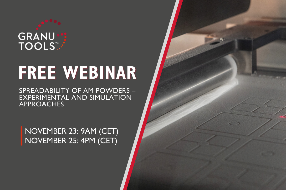 banner of our next webinar in november 2021 focusing on Spreadability of AM powders – Experimental and Simulation approaches